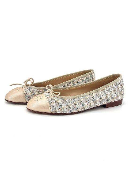 CHANEL Shoes - Chanel Tweed Cap Toe Bow CC Logo Ballerina Flats 36.5